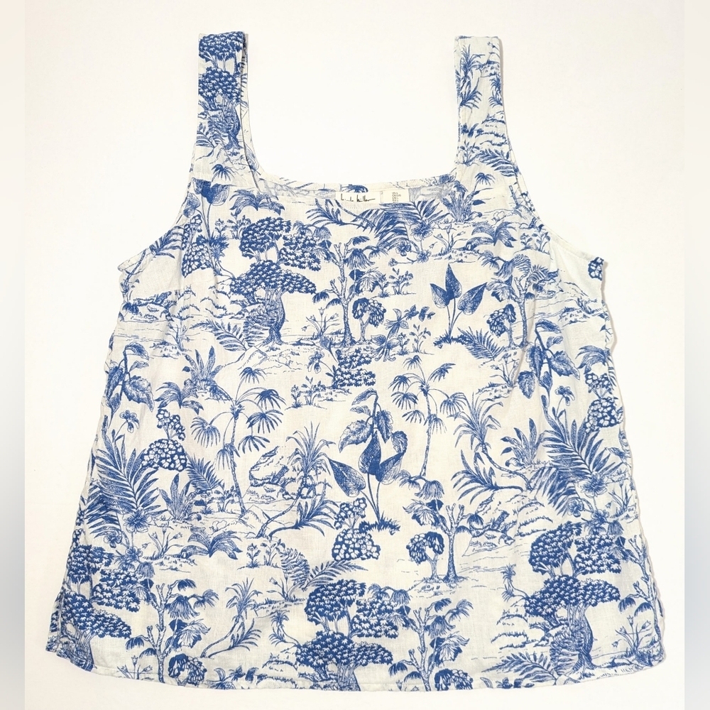 Nicole Miller New York Women's Linen Blend Tank Top Blue Toile Coastal Sz Large